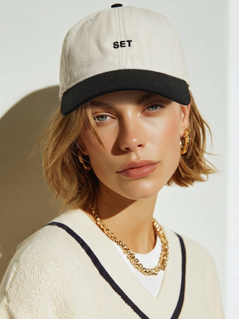 NWT SET Actives White Baseball Cap Black Brim Embroidered SET Logo Adjustable - Picture 2 of 5